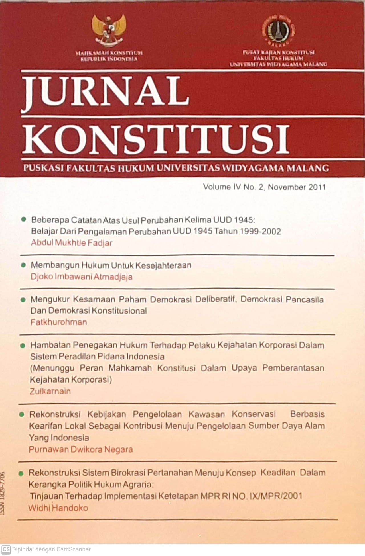 Cover Jurnal konstitusi : Puskasi Fakultas Hukum Universitas Wigyagama Malang (Volume IV No. 2 November 2021