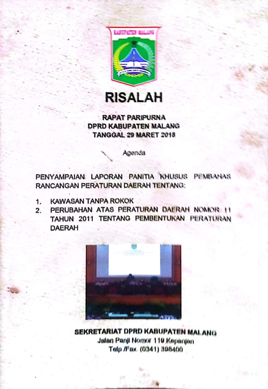 Cover Risalah Rapat Paripurna DPRD Kabupaten Malang Tanggal 29 Maret 2018 Agenda Penyampaian Laporan Panitia Khusus Pembahas Rancangan Peraturan Daerah
